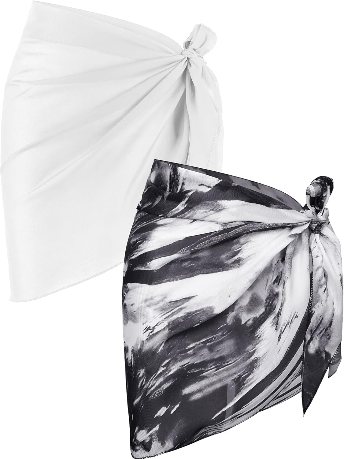 2 Pieces Women Beach Wrap Short Sarongs Bikini Cover up Chiffon Swimsuit Wrap Skirts for Swimwear (White and Ink Painting)