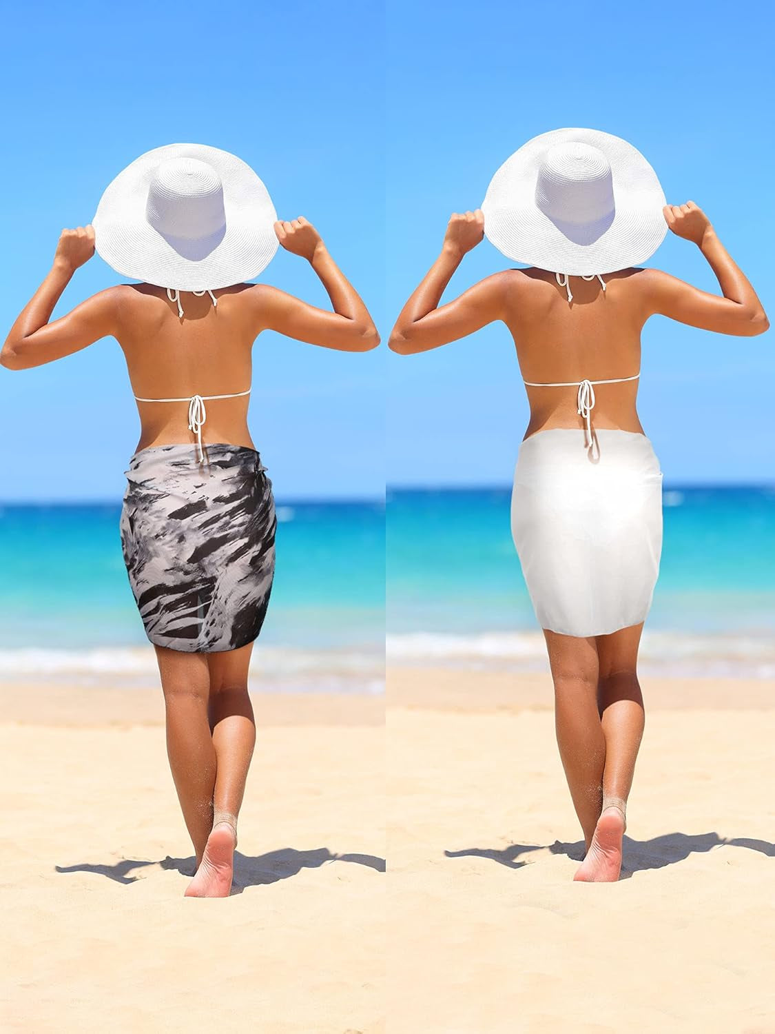 2 Pieces Women Beach Wrap Short Sarongs Bikini Cover up Chiffon Swimsuit Wrap Skirts for Swimwear (White and Ink Painting)