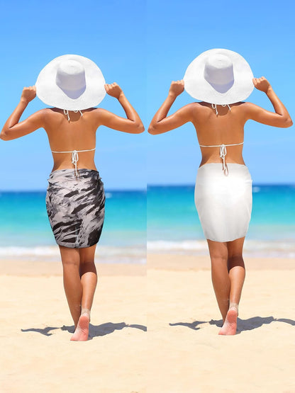 2 Pieces Women Beach Wrap Short Sarongs Bikini Cover up Chiffon Swimsuit Wrap Skirts for Swimwear (White and Ink Painting)